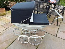 1997 Silvercross Oberon Dolls Pram White Body Blue Hood And Apron