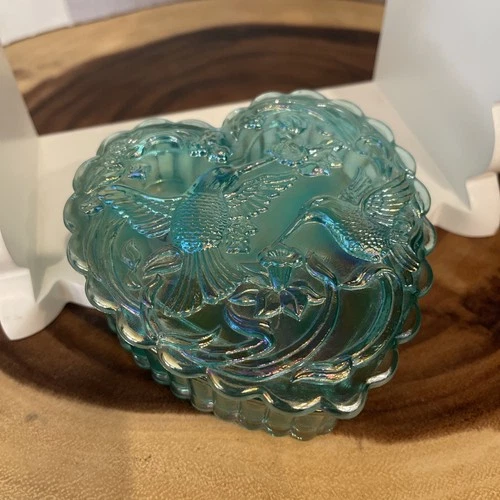 Vintage Fenton Glass Aqua Blue Green Carnival Hummingbird Heart trinket box
