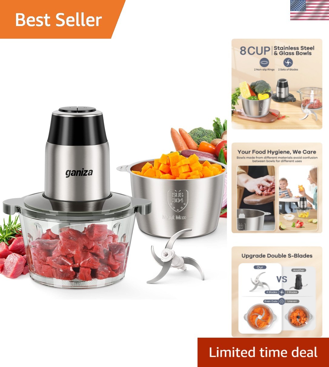 Food Processors, Electric Food Chopper with Meat Grinder & V