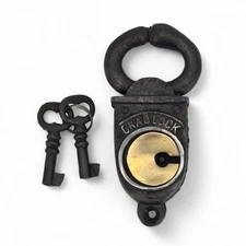 Antique Style Cast Iron & Brass Crab Lock Padlock with 2 Skeleton Keys