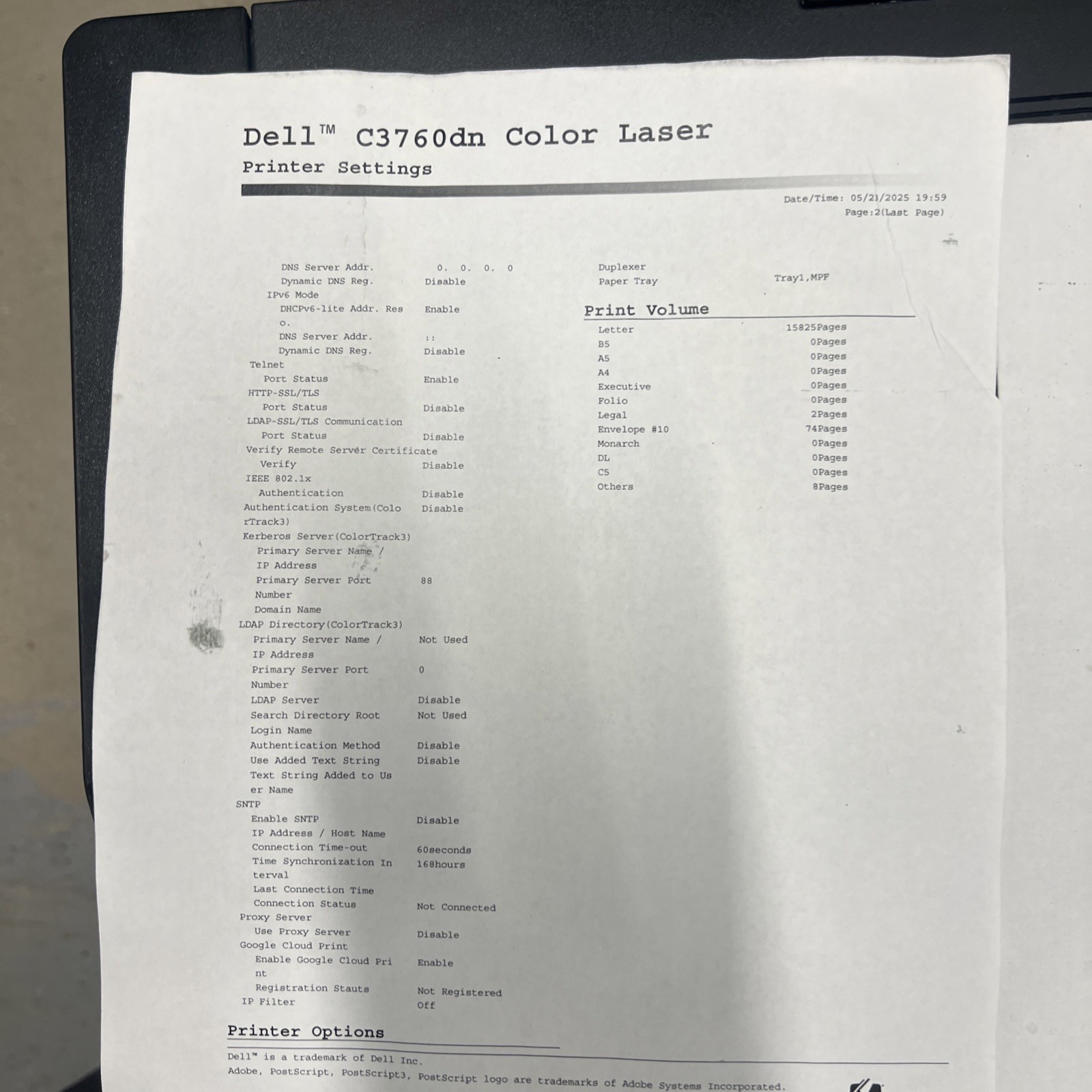 Dell C3760dn Color Laser Printer With Dell Wireless Module Wpa5151 Printer Cable