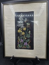 Vintage Framed And Matted Floral Embroidery 10" x 5" Frame 15" x 12"