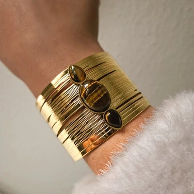 Bracelet Manchette Doré Femme – Pierre Naturelle Œil de Tigre, Style Bohème Chic - Photo 1/2