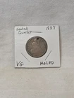1857- P- SEATED LIBERTY SILVER QUARTER- HOLED FOR JEWELRY- NR AUCTION