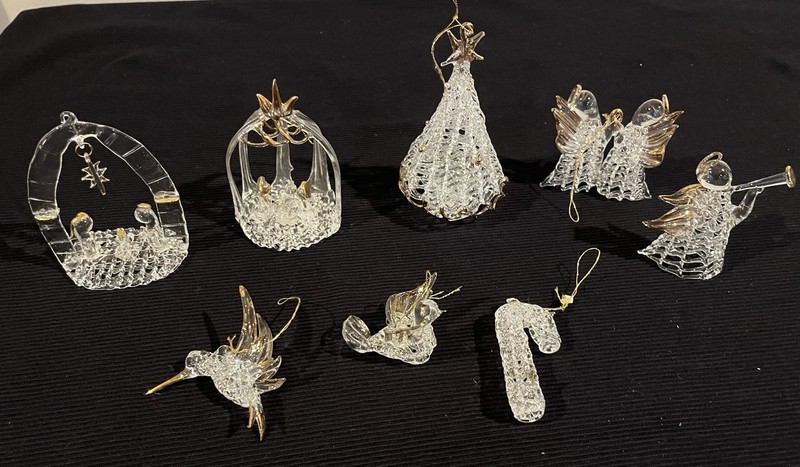 8 Vintage Spun Glass Christmas Ornaments w/ Gold Candy Cane Tree Angel Nativity
