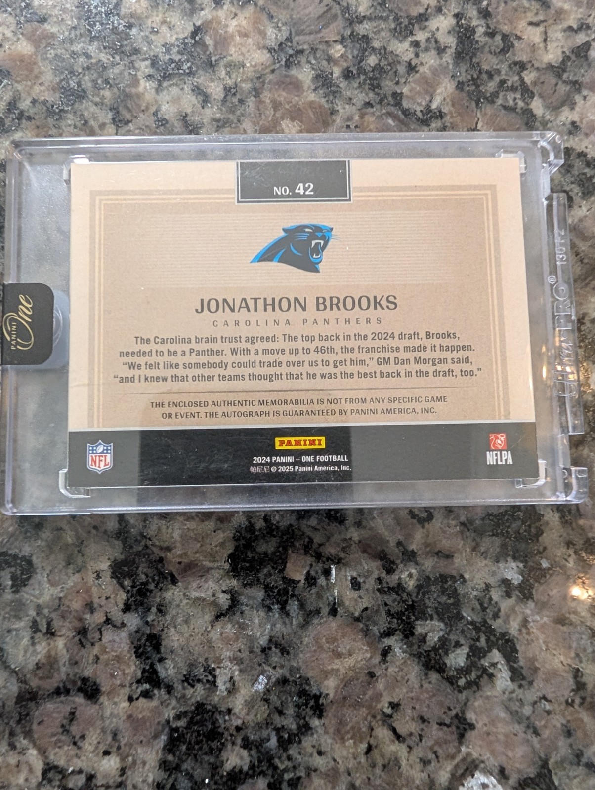 2024 Panini One Jonathon Brooks Rookie Dual Patch Auto /199 RC Panthers view 3