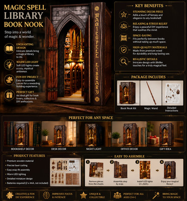 DIY Book Nook Kit for Adults, Infinite Magicspell Library Booknook with Flame Il