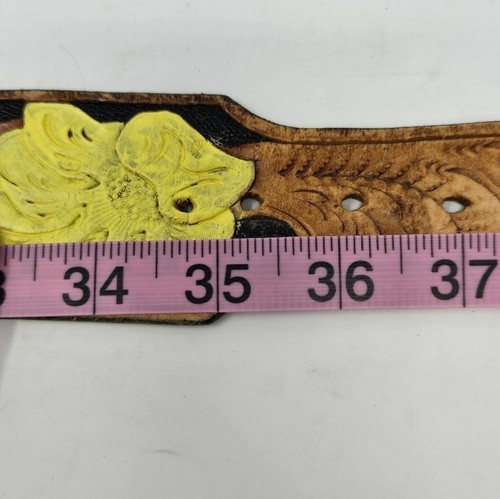 VINTAGE TOOLED BROWN LEATHER BELT NAME JOHN YELLOW FLOWER 1970S NO BUCKLE MEN OS - Picture 10 of 14