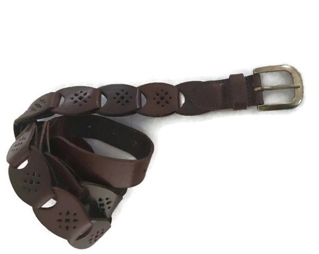 New Brown Leather Link Belt w/ Brass Buckle Boho Womens Sz  display picture 1