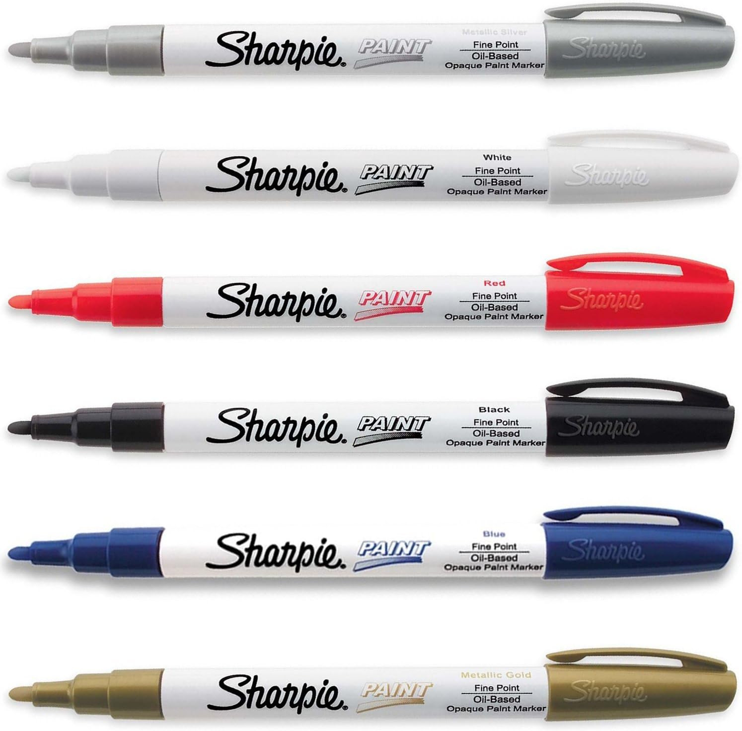 Sharpie Set of 6 Fine Point Oil Based Paint Markers. Silver Gold White Red Black