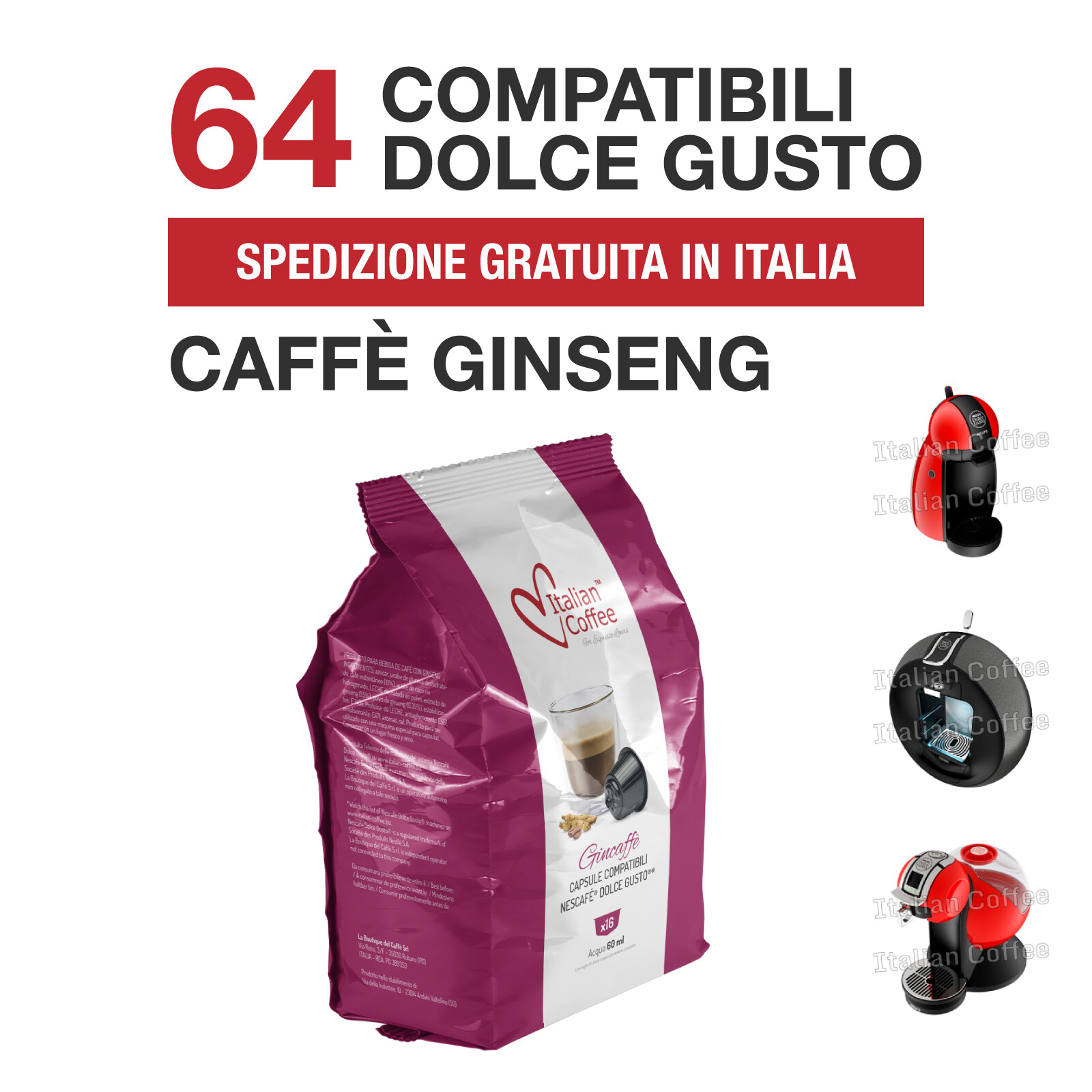 64 Capsule Caffè al Ginseng Italian Coffee compatibili Nescafé Dolce Gusto