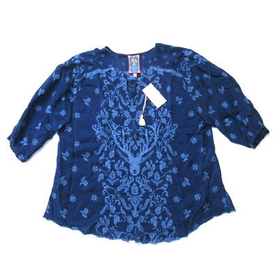 NWT Johnny Was Cierve Adrienne Blouse in Dark Blue Deer Stag Embroidered Top XL