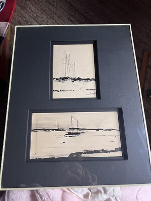 Vintage Black Ink Drawings Harbor Sailboats Matted  Artist Signed Hall