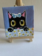 Cat ,cute Mini painting on canvas original 3/3 Inches,