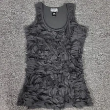 Womens Juniors Tank Top Large Black Allover Front Ruffled Absolute Angel Shirt