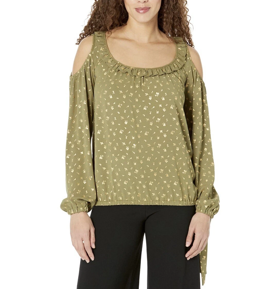 MICHAEL Michael Kors Smoky Olive Floral Cold Shoulder Women Blouse XS