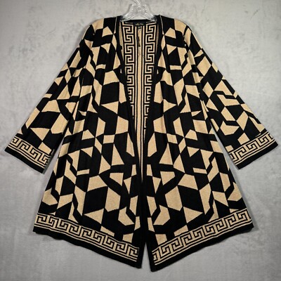 Melissa Paige Cardigan Sweater S Gold Black Geometric Open Front Asymmetrical