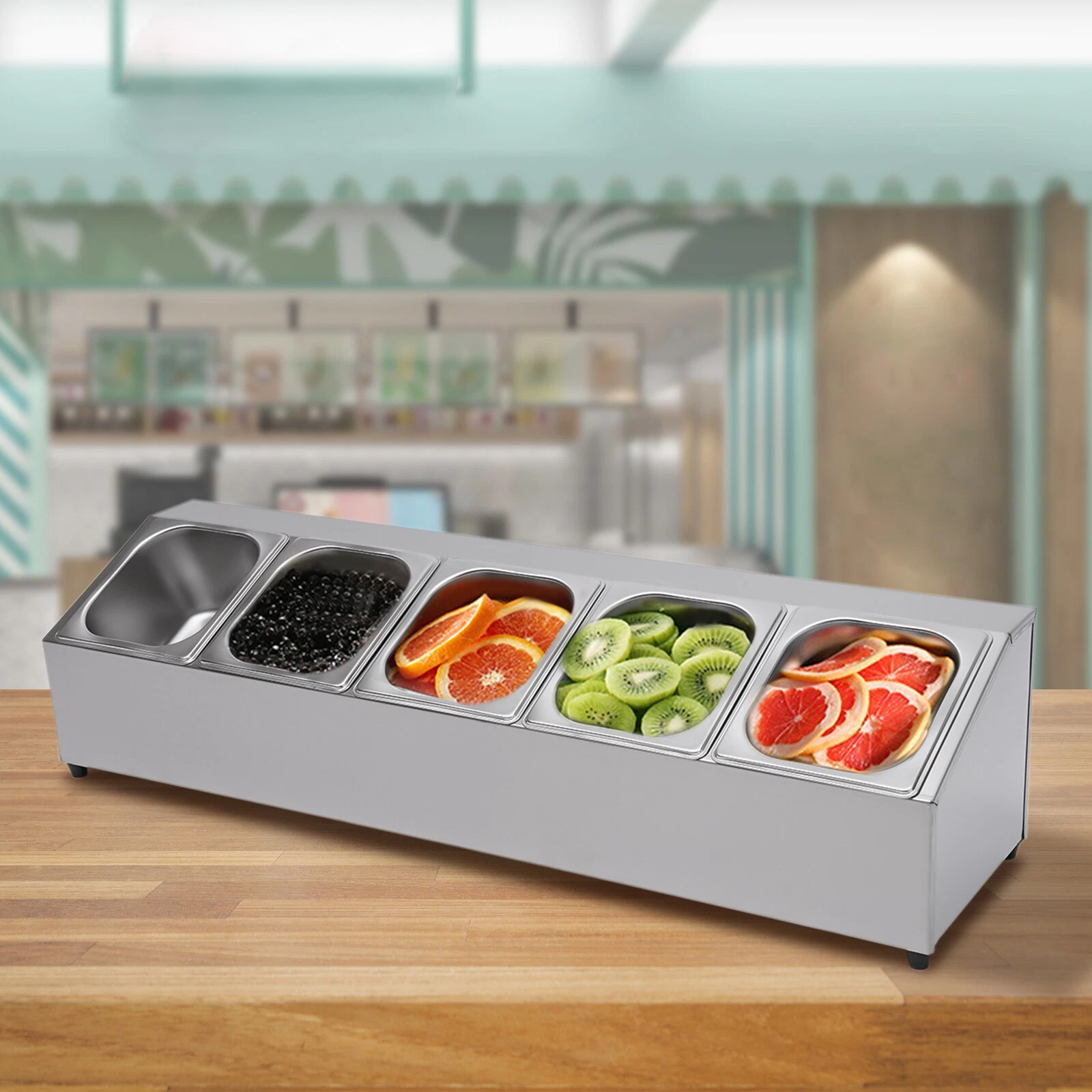 Spice Rack Shelf, One Row, Stainless Steel Organizer Stand with 5 Pans & 5 Lids