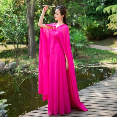 Damen Chiffon Umhang Cosplay Jacke Kostüm lange Kapuzen Robe Retro