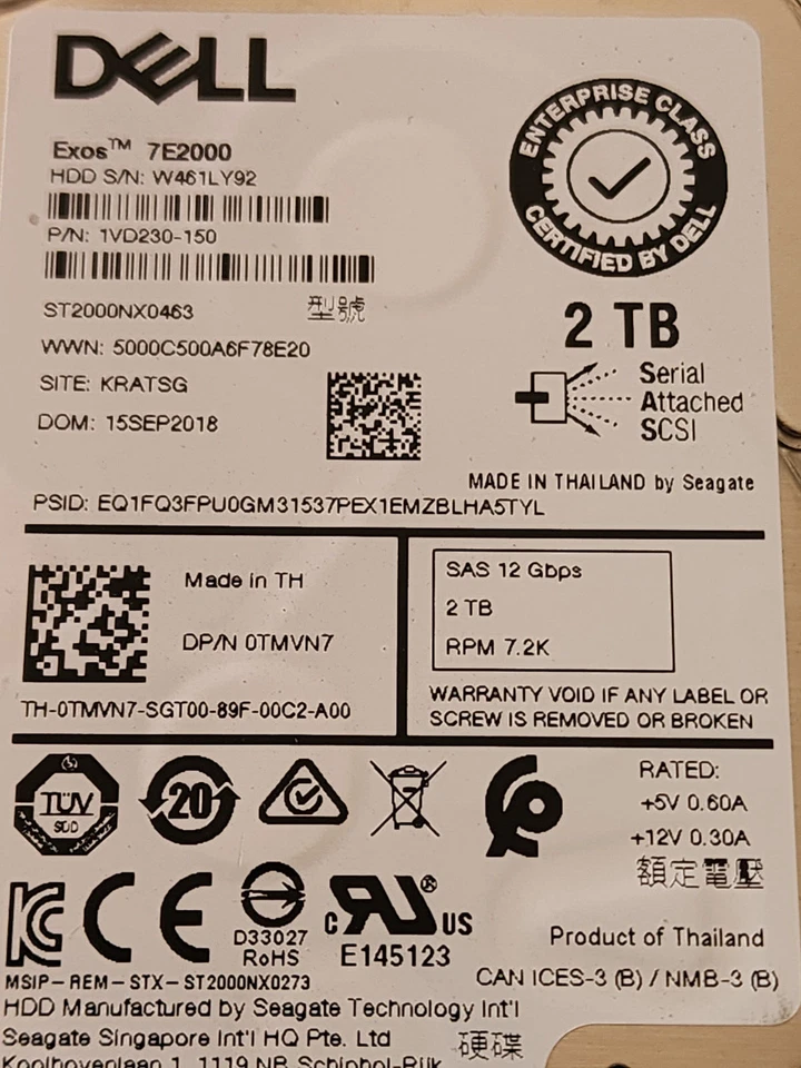 Dell 2TB 0TMVN7 7.2K RPM 12G 2.5" SAS ST2000NX0463 TMVN7 GEN14 Caddy DXD9H - Image 3 of 4