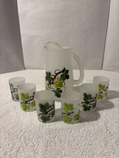 Vintage FROSTED GLASS PITCHER and 6 JUICE GLASSES Green Floral Design