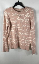 Guess Women's Junie Logo Sweater Vapor Rose Pink Script Print Knit Sz L NWT