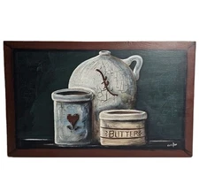 Vtg Hand Painted Wood Still Life Pottery Art Signed MCM Rustic Country Kitchen