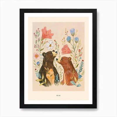 Folksy Floral Tier Zeichnung Bär P gerahmtes Wandbild Poster Leinwanddruck Bild