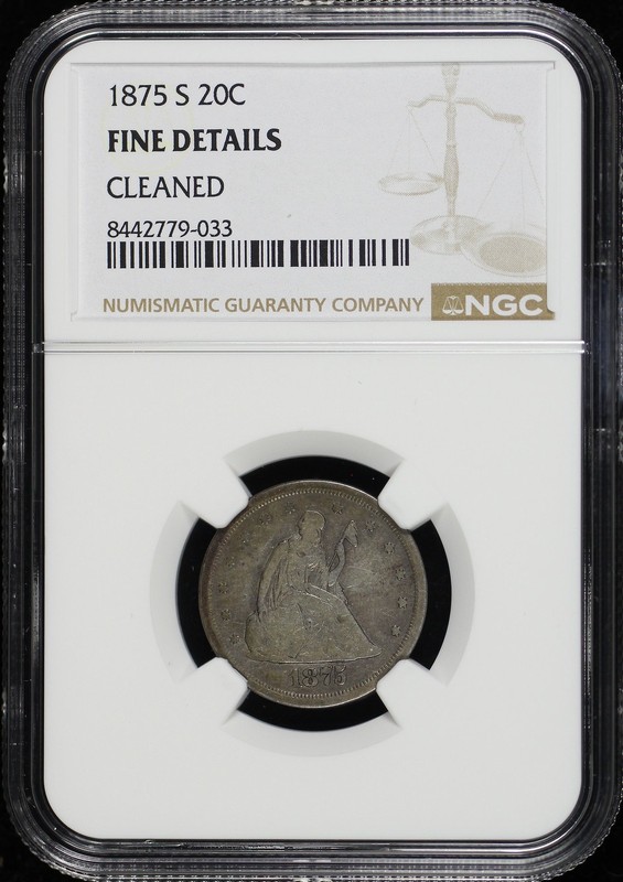 1875-S Twenty Cent Piece NGC F Details Cleaned