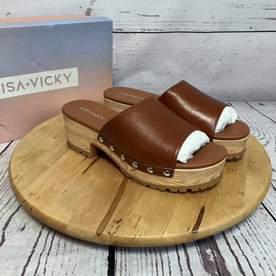 Lisa Vicky Leather Slide Sandals Womens 7 Brown Comfort Platform Slip On
