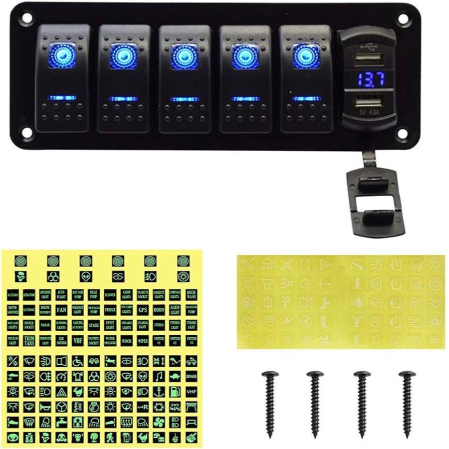 5 Gang Rocker Switch Aluminum Panel with 4.8 Amps Dual USB Rocker Style Fast Cha