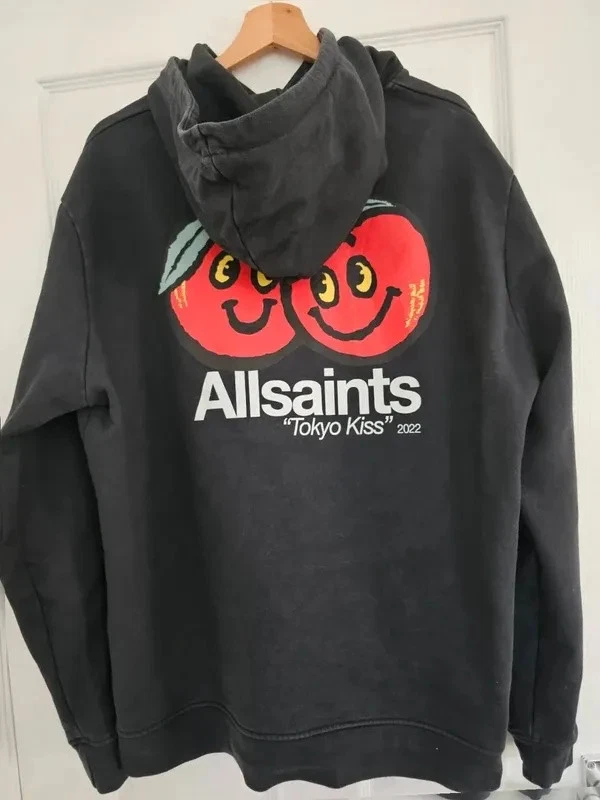 AllSaints Tokyo Kiss Hoodie Unisex Medium Black Cotton Fleece Cherry Graphic
Opens in a new window o