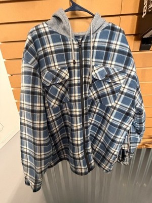WFS Flannel Hooded Jacket Mens Large Hoodie Sherpa Lined Jacket Plaid - BLUE