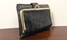 Vintage Genuine Eel Skin Black Wallet Clutch Snap Close Coin Purse Card Slots