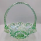 Fenton Cabbage Rose Basket Iridescent Green Opalescent Vaseline Uranium Glass