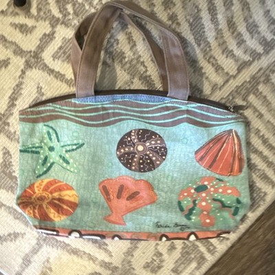 Farida Zaman  Turquoise Beach Theme Tote Brown Handles Zip Closure Women