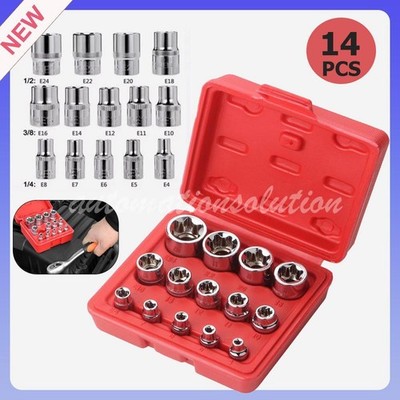 14 Pcs E Torx Star Female Bit Socket Set 1/2'' 3/8'' 1/4'' Drive E4 -E24 with Case