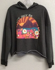 Natural Life Crop Hoodie Womens Size Large Gray Pullover Lets Just Go Floral Sun