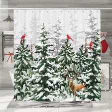 Christmas Shower Curtain for Bathroom, Winter Snowflake Pine Tree Forest Card...
