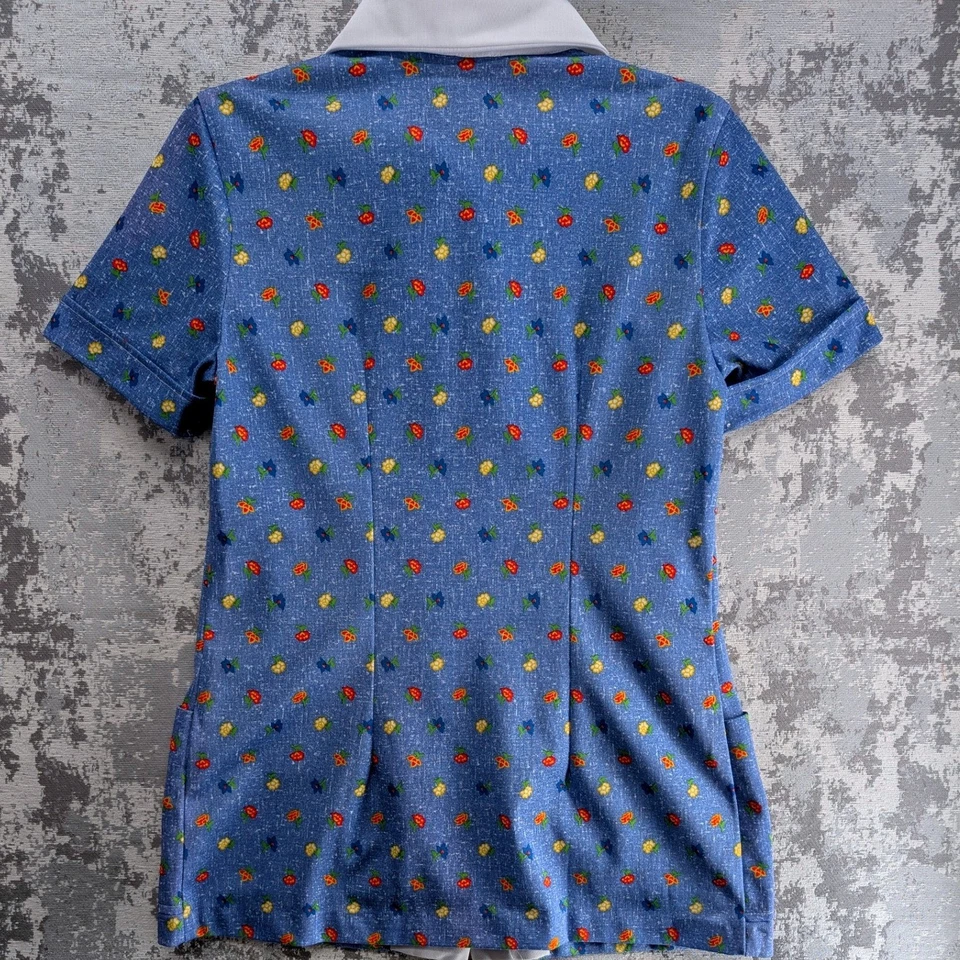 Top túnica manga corta vintage años 50 60 azul floral ajustado para mujer mediano Foto 2 de 4