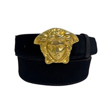 Gianni Versace Vintage Gold Tone Medusa Black Fur Calfskin Leather Belt Size 28