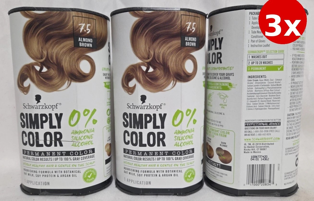 7.5 Almond Brown Perm. Hair Dye Ammonia Free (3 Pack)