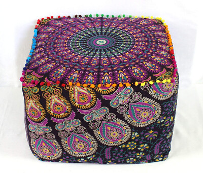 Yellow Mandala Meditation Floor Pillow Ottoman Pouf Square Seating Bohemian