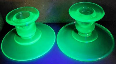 Depression Glass Pair Aqua Blue Green Uranium Candlestick Holders Vintage