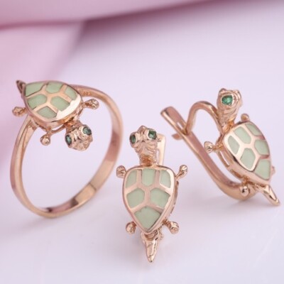 Rose Gold Rotgold 585/14kt  Emaille Goldset mit CZ Neu Ring Ohrringe
