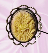 HATPIN with IVORY FLOWERS on Cream CAMEO in a Silver Finish Setting