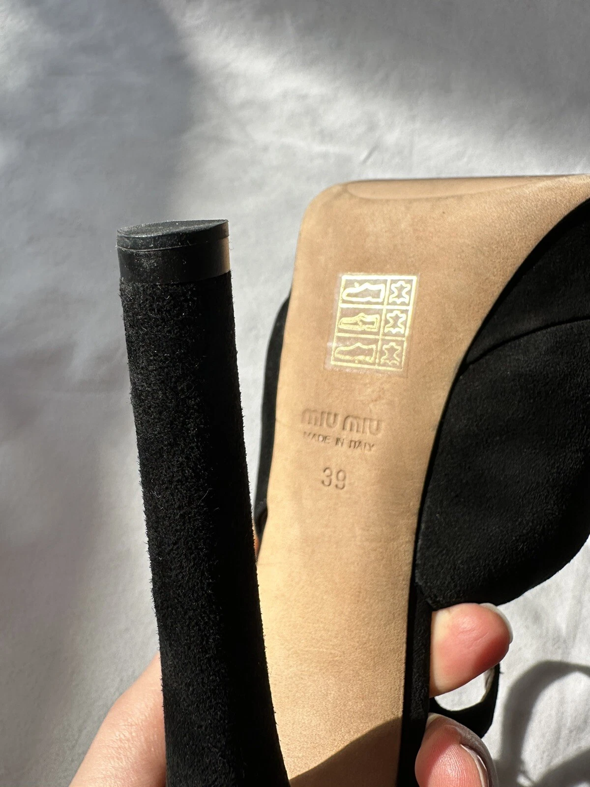 Miu Miu sandalo nero scamosciato punta aperta cinturino plateau slingback pompa tg 39