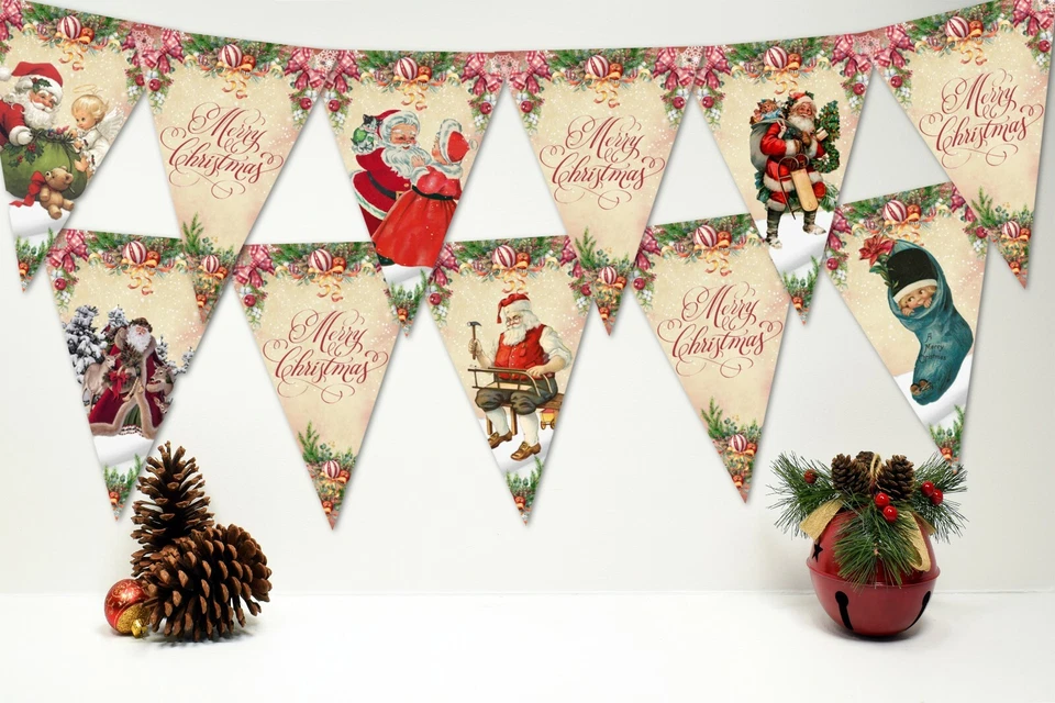 Традиционный деревенский цветочный Рождество Санта флаги и ленты - 3 м/12 флаги - Изображение 2 из 4