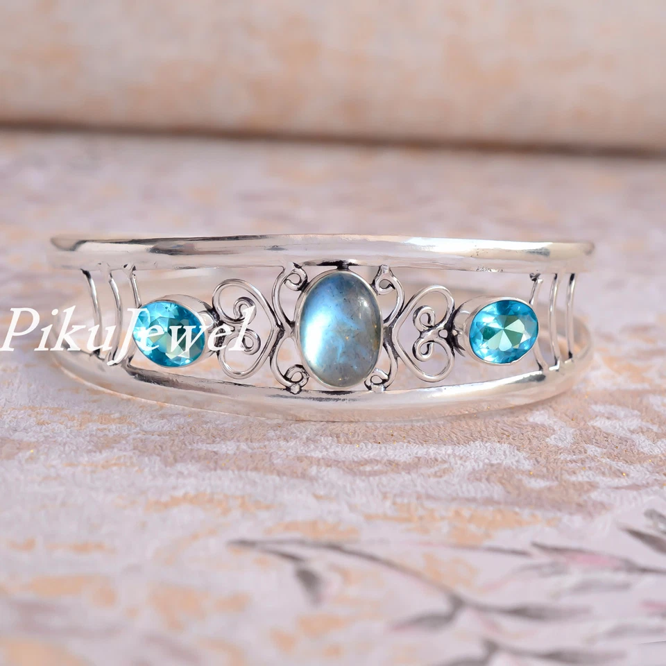 Blauer Feuer Labradorit & Blautopas Edelstein 925 Sterling Silber Armreif Man... - Bild 3 von 4