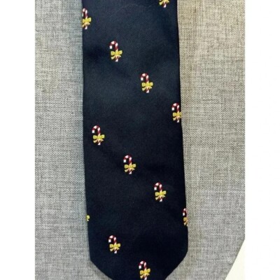 Men's Necktie Navy Blue Holiday Classic Christmas Tie Candy Canes Bows Novelty